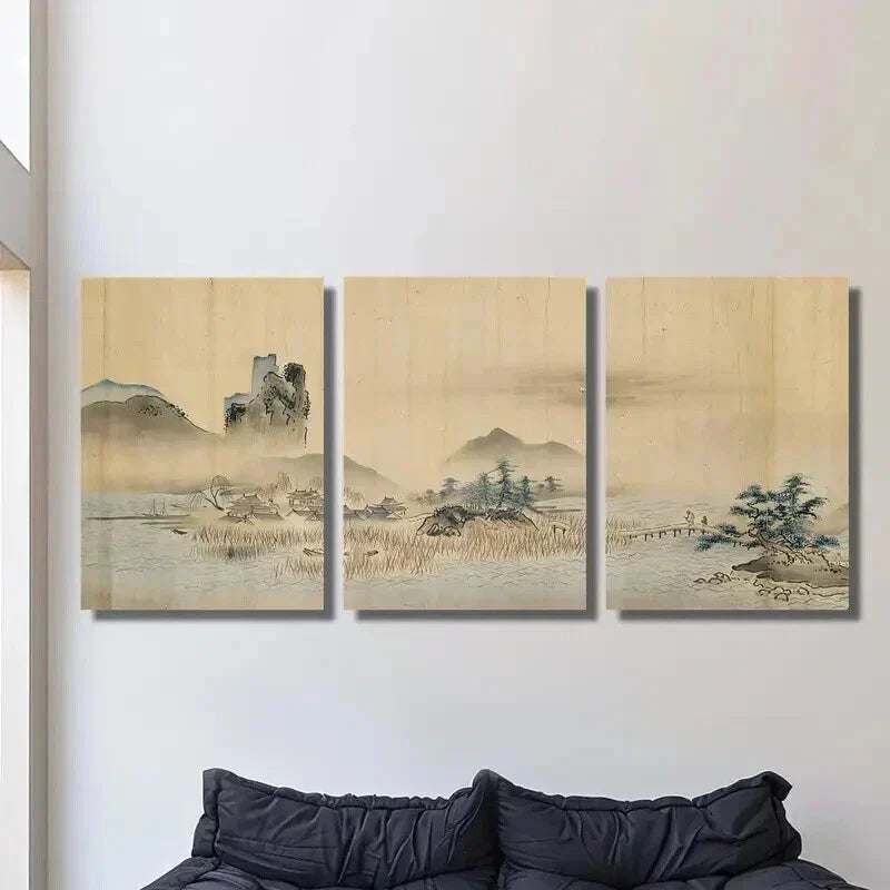 3pcs Vintage Japanese Retro Landscape Wall Art Set Canvas Framed 40x60cm - High Quality Print 100% Australian Made Wall Canvas Ready to Hang