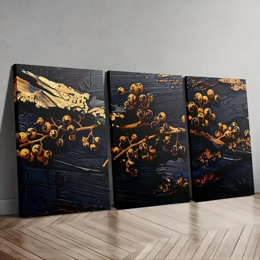 3pcs Golden Berries on Black Background Wall Art Set Canvas Framed 40x60cm - High Quality Print 100% Australian Made Wall Canvas Ready to Hang