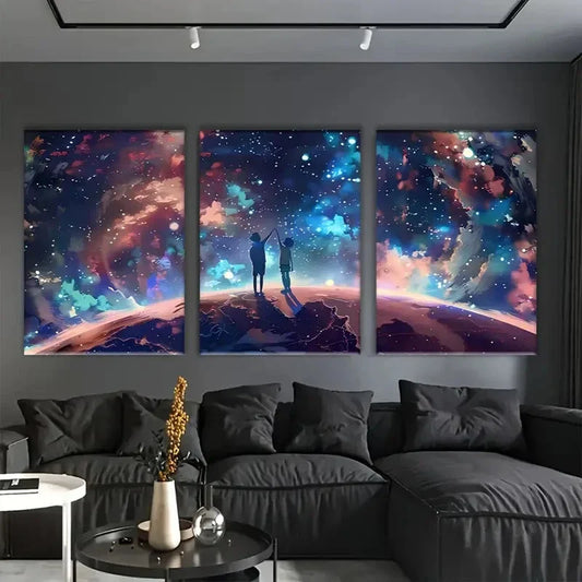 3pcs Anime-Inspired Galaxy and Couple Silhouette Metal Print Ready to Hang Art