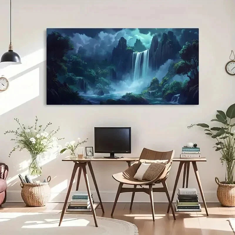 Tropical Forest Waterfall Land Wall Art Canvas Office Home Room Framed 120x60cm