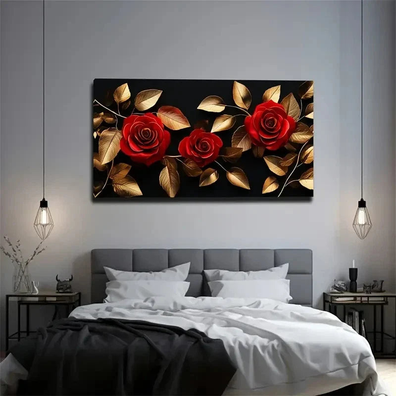 Vibrant Red Roses Golden Wall Art Canvas Office Home Room Framed 120x60cm