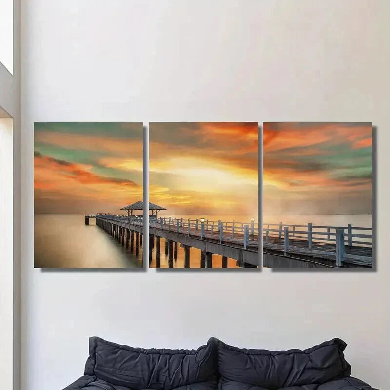 3pcs Sunset Dock Triptych Vibrant Orange Yellow Metal Print Ready to Hang Art