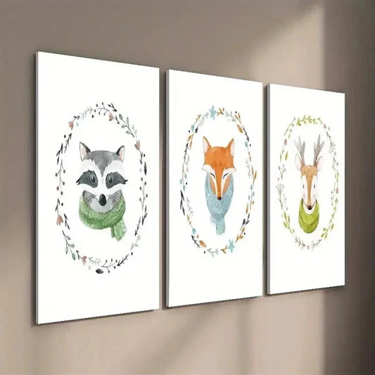 3pcs Cartoon Flower Crown Fox Deer Raccoon Wall Art Set Canvas Framed 40x60cm - High Quality Print 100% Australian Made Wall Canvas Ready to Hang