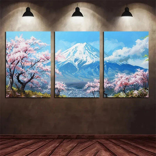 3pcs Cherry Blossom Snow-Capped Mountain Metal Print Ready to Hang Art