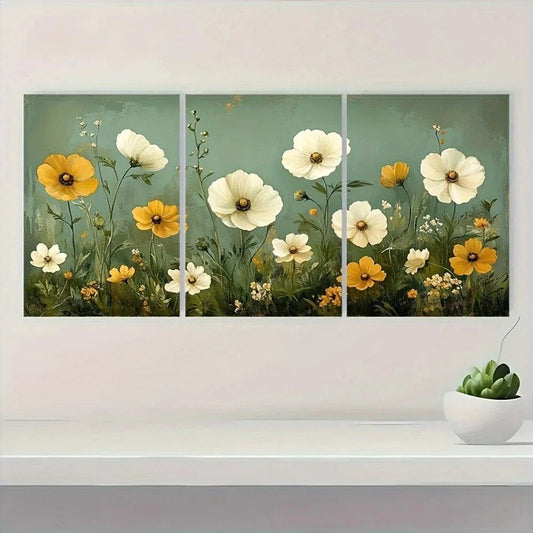 3pcs Rustic Wildflower Sage Green and White Floral Metal Print Ready to Hang Art