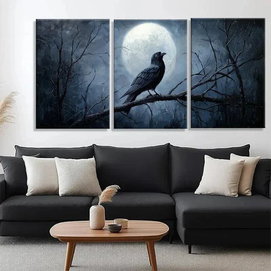 3pcs Mysterious Raven and Moon Night Perfect Wall Art Set Canvas Framed 40x60cm - High Quality Print 100% Australian Made Wall Canvas Ready to Hang
