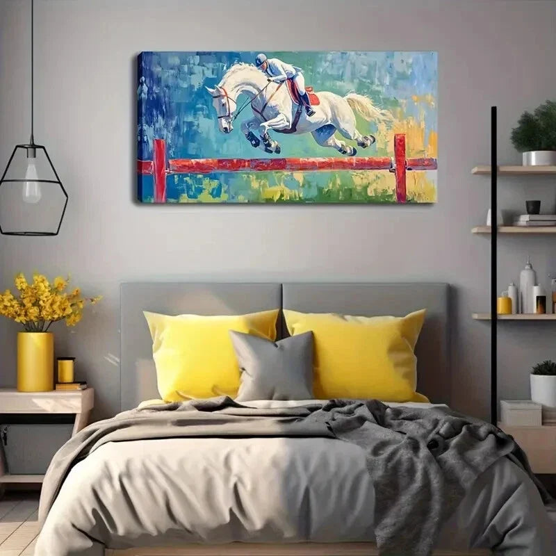 Horse Jumping Over Fence Wall Art Canvas Office Home Room Framed 120x60cm