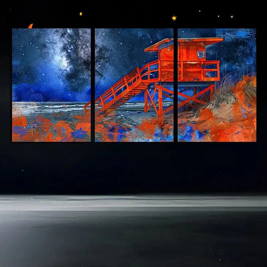 3pcs Beach Orange Wood House Night Sky Metal Print Ready to Hang Art