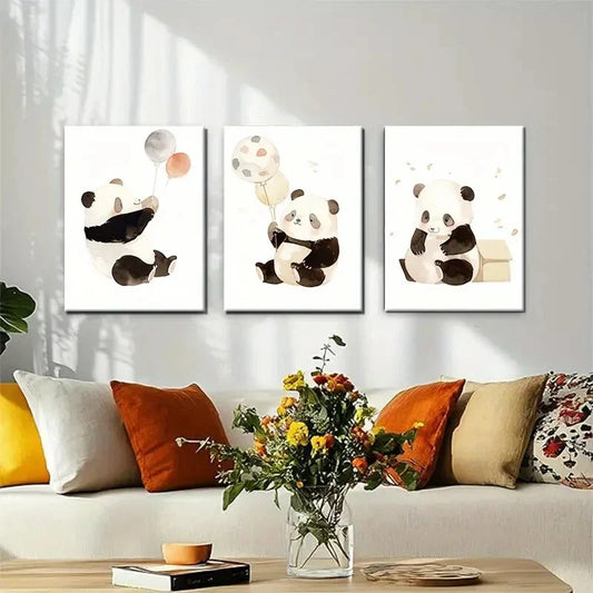 3pcs Cute Panda Nursery Playful Joyful Perfect Wall Art Set Canvas Framed 40x60cm - High Quality Print 100% Australian Made Wall Canvas Ready to Hang