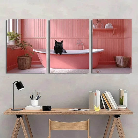 3pcs Black Cat in Bathtub Scene Metal Print Ready to Hang Art