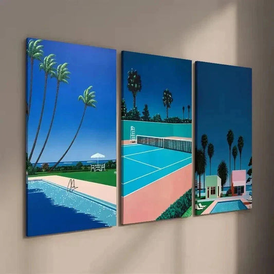 3pcs Coastal Landscape & Poolside Palm Trees Wall Art Set Canvas Framed 40x60cm - High Quality Print 100% Australian Made Wall Canvas Ready to Hang