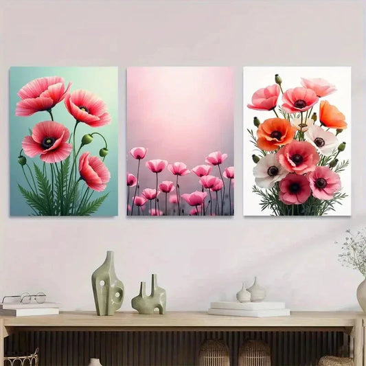 3pcs Beautiful Pink Poppy Flower Metal Print Ready to Hang Art