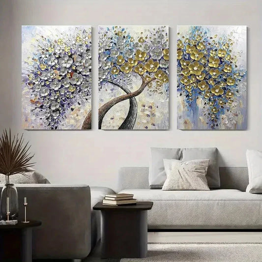 3pcs Abstract Metallic Floral Tree Triptych Metal Print Ready to Hang Art