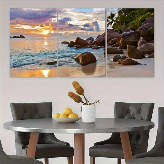 3pcs Tropical Island Beach Sunset Modern Metal Print Ready to Hang Art