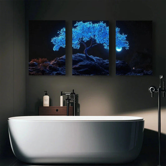 3pcs Beautiful and Lonely Blue Tree at Night Metal Print Ready to Hang Art