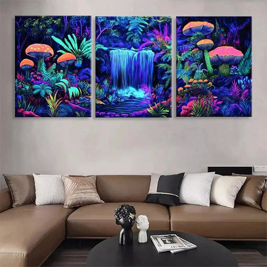 3pcs Neon Forest Waterfall Vibrant Perfect Wall Art Set Canvas Framed 40x60cm - High Quality Print 100% Australian Made Wall Canvas Ready to Hang
