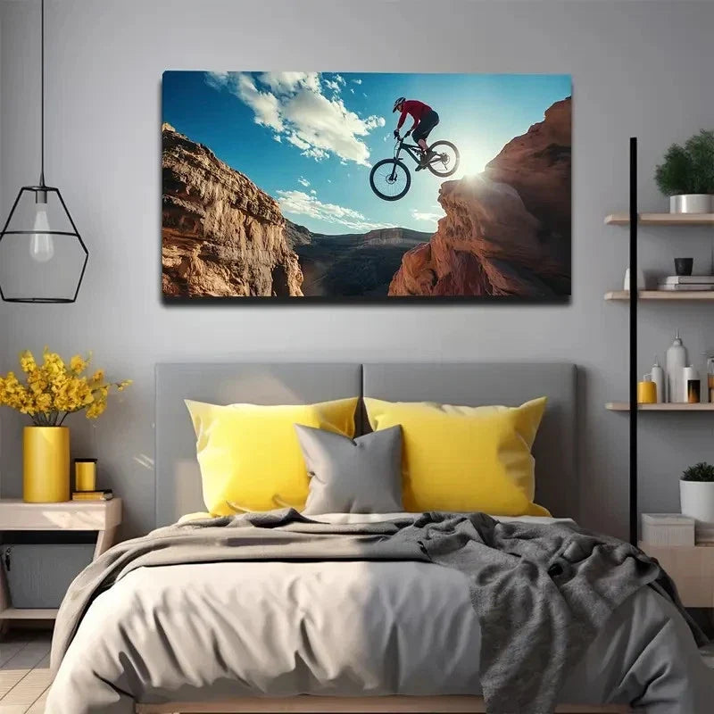 Dramatic Mountain Biking Scene Wall Art Canvas Office Home Room Framed 80x45cm