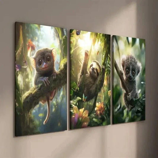 3pcs Adorable Tarsier & Sloth in Lush Greenery Wall Art Set Canvas Framed 40x60cm - High Quality Print 100% Australian Made Wall Canvas Ready to Hang