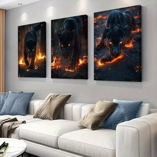 3pcs Flame surrounded Black Panther Triptych Wall Art Set Canvas Framed 40x60cm - High Quality Print 100% Australian Made Wall Canvas Ready to Hang