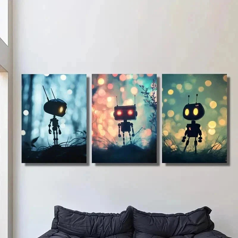 3pcs Fantasy Cute Robots in the Forest Wall Art Set Canvas Framed 40x60cm - High Quality Print 100% Australian Made Wall Canvas Ready to Hang