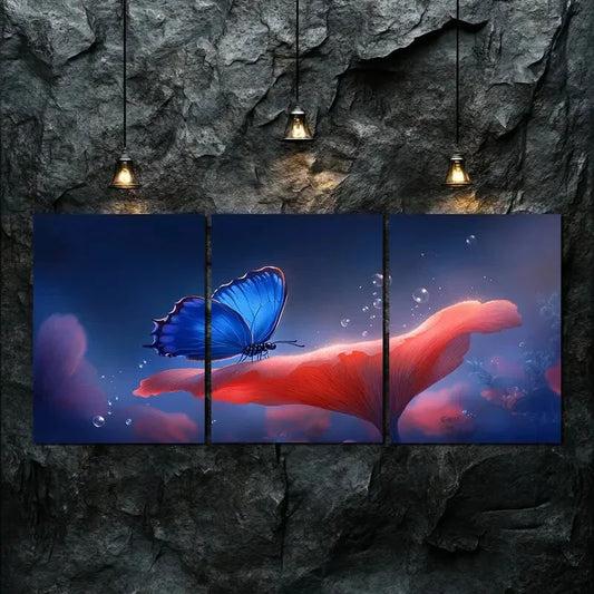 3pcs Triptych Vibrant Blue Butterfly Perfect Wall Art Set Canvas Framed 40x60cm - High Quality Print 100% Australian Made Wall Canvas Ready to Hang