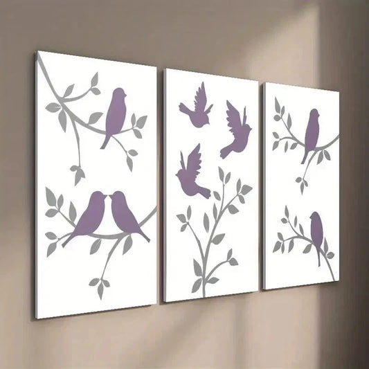 3pcs Purple Bird Art on Gray Branch Wall Art Set Canvas Framed 40x60cm - High Quality Print 100% Australian Made Wall Canvas Ready to Hang
