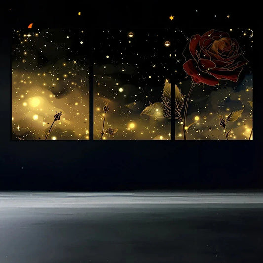 3pcs Red Roses Stunning Golden Metal Print Ready to Hang Art
