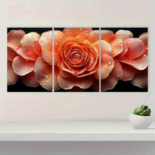 3pcs Modern Rose Water Drops On Floral Metal Print Ready to Hang Art