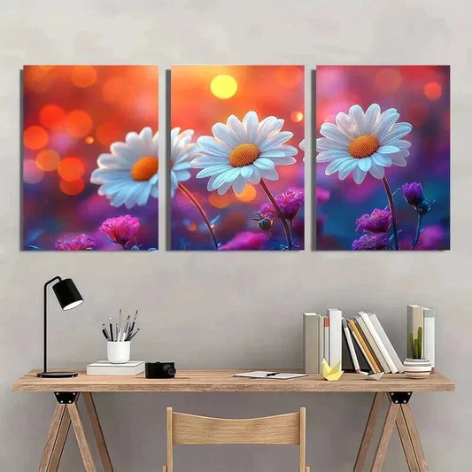 3pcs Featuring Floral Crisp White Daisies Wall Art Set Canvas Framed 40x60cm - High Quality Print 100% Australian Made Wall Canvas Ready to Hang