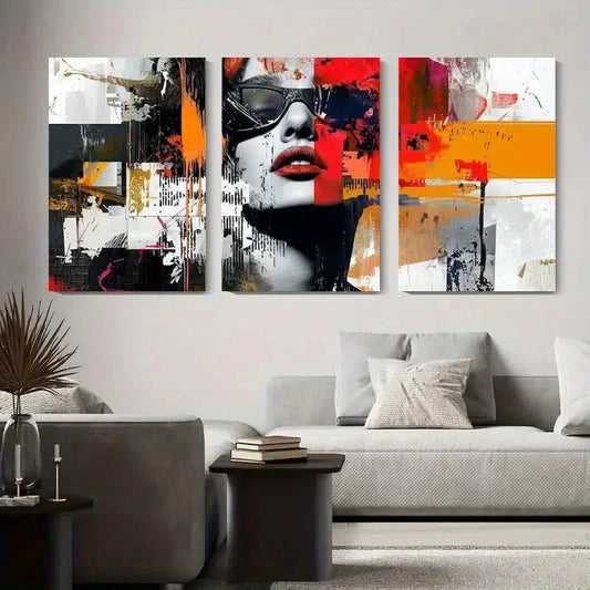 3pcs Modern Geometric Shapes, Bold Red Black Metal Print Ready to Hang Art