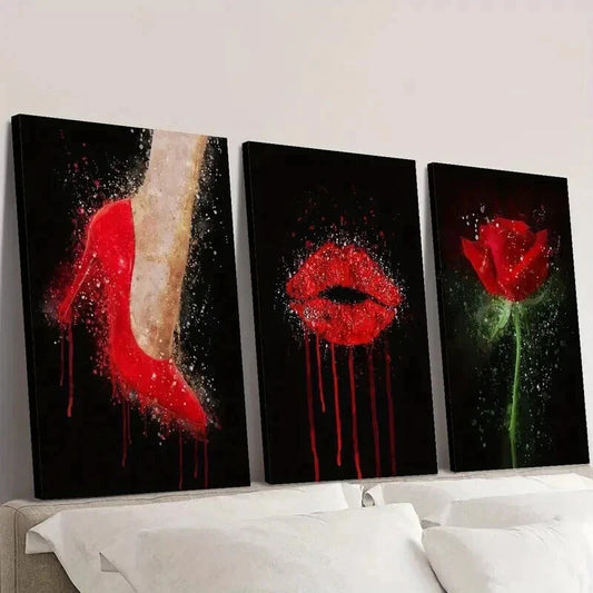 3pcs Abstract Fashion Red Heels Lips Rose Wall Art Set Canvas Framed 40x60cm - High Quality Print 100% Australian Made Wall Canvas Ready to Hang