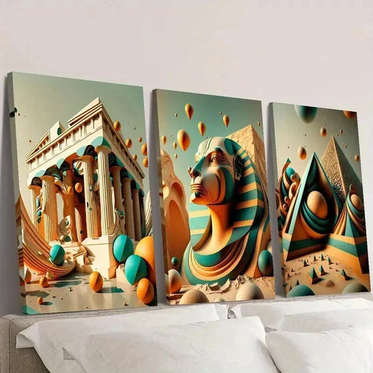 3pcs Golden Pagoda Sphinx Parthenon Wall Art Set Canvas Framed 40x60cm - High Quality Print 100% Australian Made Wall Canvas Ready to Hang