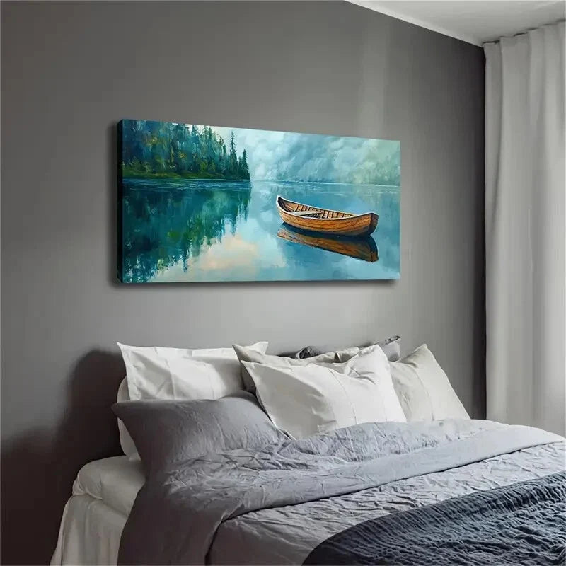 Realistic Serene Lake Boat Wall Art Canvas Office Home Room Framed 80x45cm