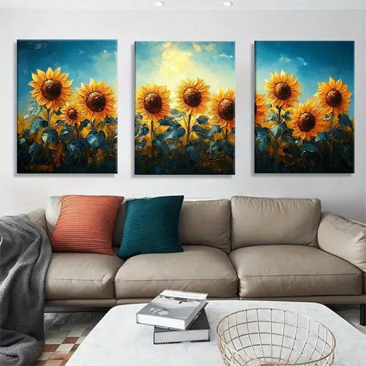 3pcs Vibrant Sunflower Field Yellow & Orange Metal Print Ready to Hang Art