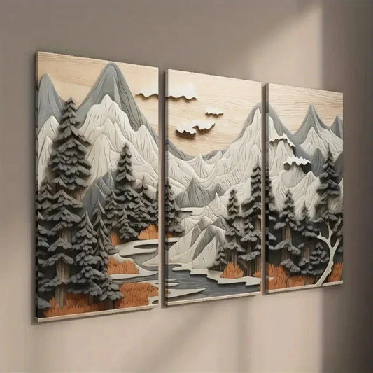 3pcs Forest Scene with Trees and Mountains Wall Art Set Canvas Framed 40x60cm - High Quality Print 100% Australian Made Wall Canvas Ready to Hang