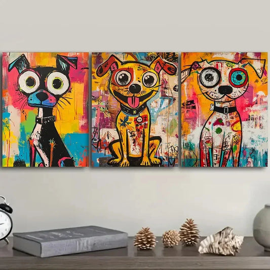 3pcs Cute Abstract Puppies Colourful Metal Print Ready to Hang Art