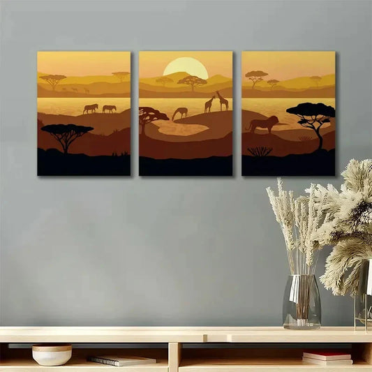 3pcs African Savanna Landscape Minimalist Metal Print Ready to Hang Art