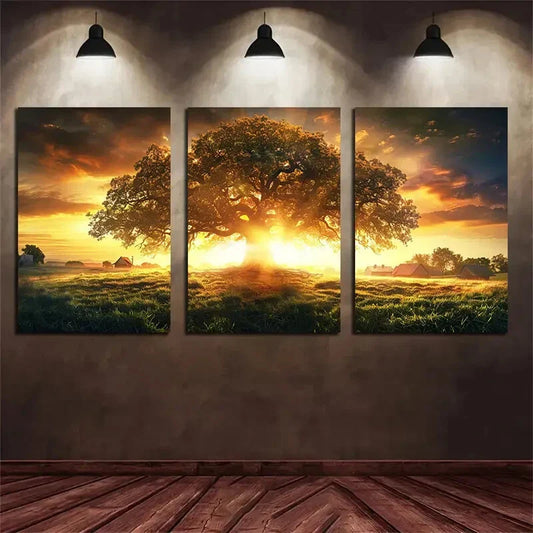 3pcs Beautiful Tree In The Center of An Open Area Metal Print Ready to Hang Art