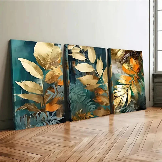 3pcs Modern Art Natural Plant Leaf Golden Leaves Wall Art Set Canvas Framed 40x60cm - High Quality Print 100% Australian Made Wall Canvas Ready to Hang