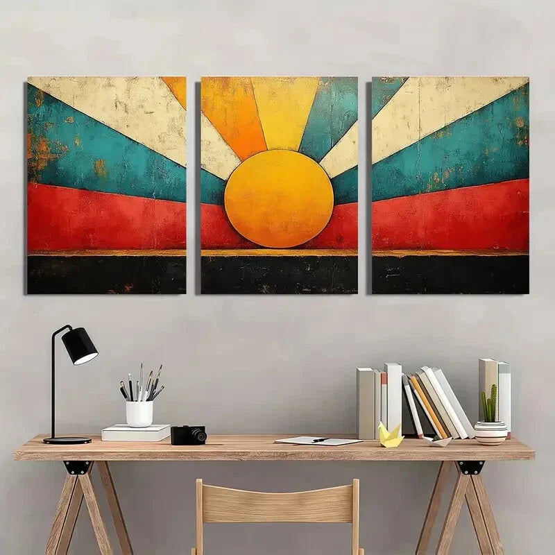 3pcs Sunburs Vibrant Abstract Red & Black Metal Print Ready to Hang Art