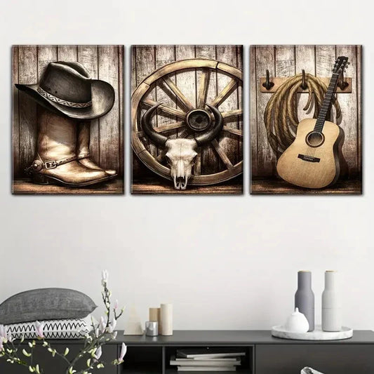 3pcs Vintage Cowboy Hat Boots Guitar Metal Print Ready to Hang Art