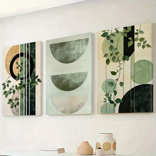 3pcs Abstract Shapes Water Color Painting In Shades Of Green Canvas Framed 40x60cm - High Quality Print 100% Australian Made Wall Canvas Ready to Hang