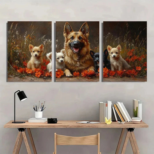 3pcs Dog Family German Shepherd & Puppies Metal Print Ready to Hang Art