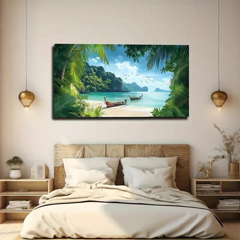 Palm Trees & Boat Beach Scene Wall Art Canvas Office Home Room Framed 120x60cm