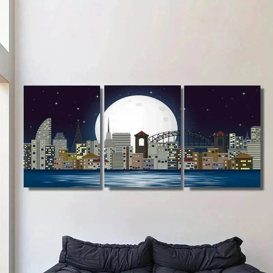 3pcs Night View Triptych Moon Metal Print Ready to Hang Art