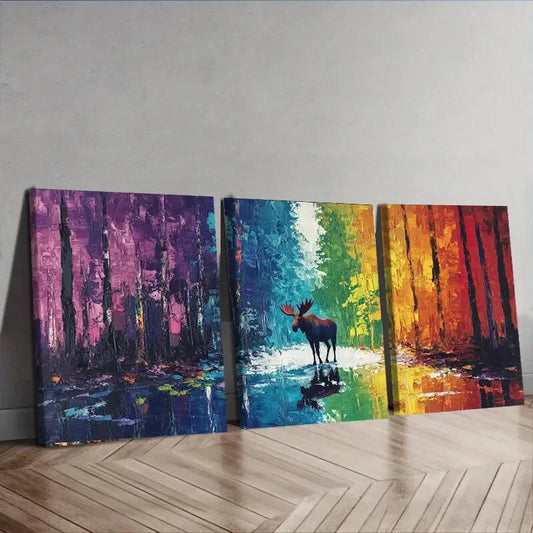 3pcs Moose in the Forest Nature Colorful Wall Art Set Canvas Framed 40x60cm - High Quality Print 100% Australian Made Wall Canvas Ready to Hang