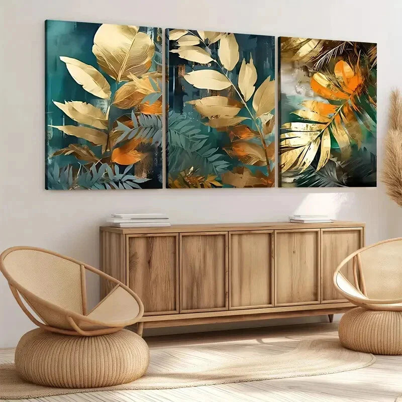 3pcs Modern Art Natural Plant Leaf Golden Leaves Wall Art Set Canvas Framed 40x60cm - High Quality Print 100% Australian Made Wall Canvas Ready to Hang
