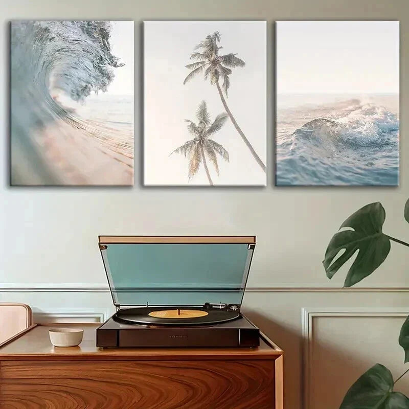 3pcs Sea Waves and Palm Tree Prints Wall Art Set Canvas Framed 40x60cm - High Quality Print 100% Australian Made Wall Canvas Ready to Hang