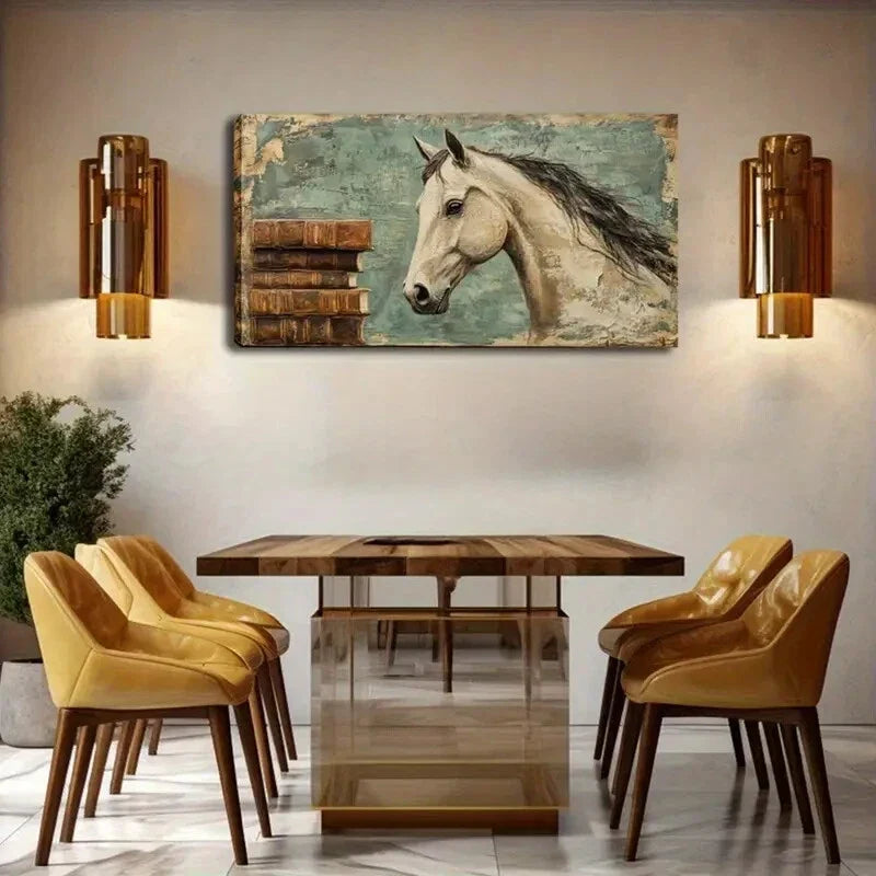 Elegant Horse with Books Teal Wall Art Canvas Office Home Room Framed 80x45cm