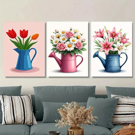 3pcs Colorful Floral Bouquets in Watering Cans Wall Art Set Canvas Framed 40x60cm - High Quality Print 100% Australian Made Wall Canvas Ready to Hang